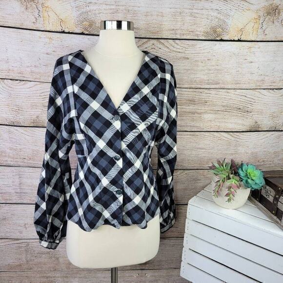 Zara Plaid Check Button‎ Down Dolman Black White Top Size Small - Picture 1 of 5